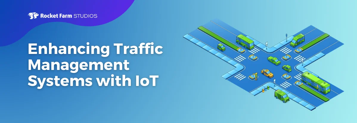 Illustration of an intersection with smart traffic systems and vehicles, representing IoT-enhanced traffic management."